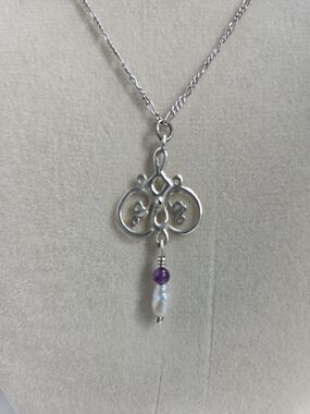 Sterling Silver Filigree Pendant Necklace with Purple and Pearl Accent